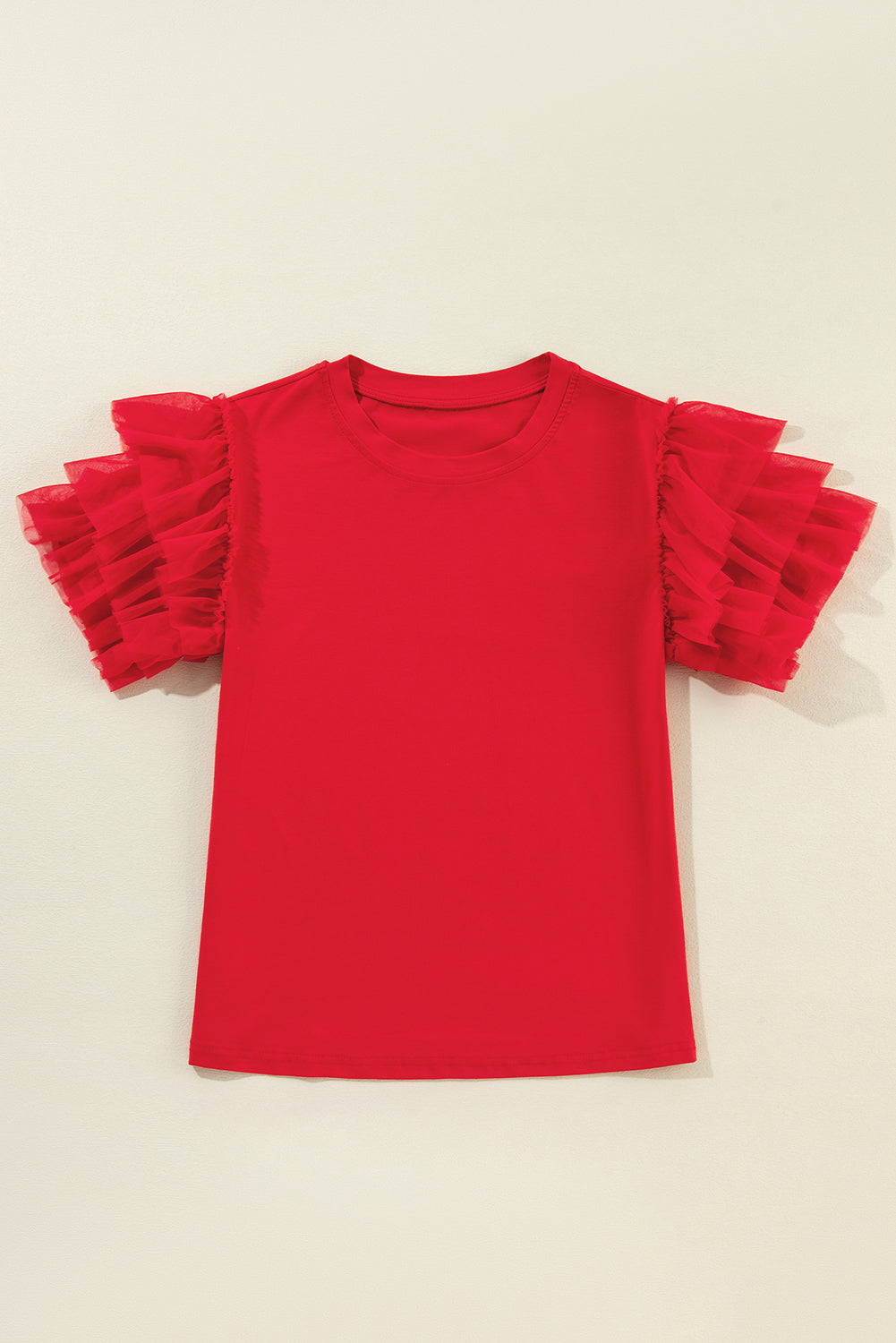 Fiery Red Tulle Ruffle Sleeve Blouse