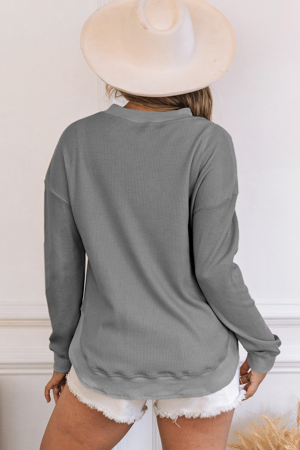 Gray Crew Neck Ribbed Trim Waffle Knit Top