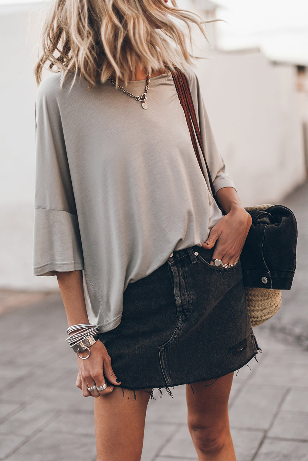 Gray Oversized Flowy Dropped Shoulder T-shirt