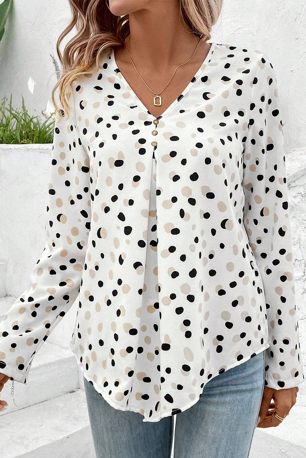 White Polka Dot Print Button Front V Neck Blouse