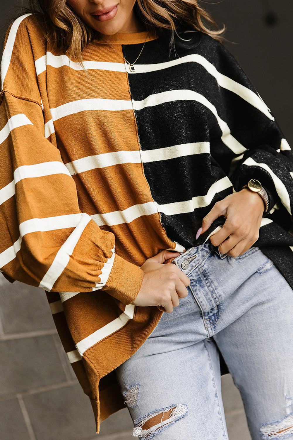 Stripe Oversized Contrast Printed Dropped Shoulder Top