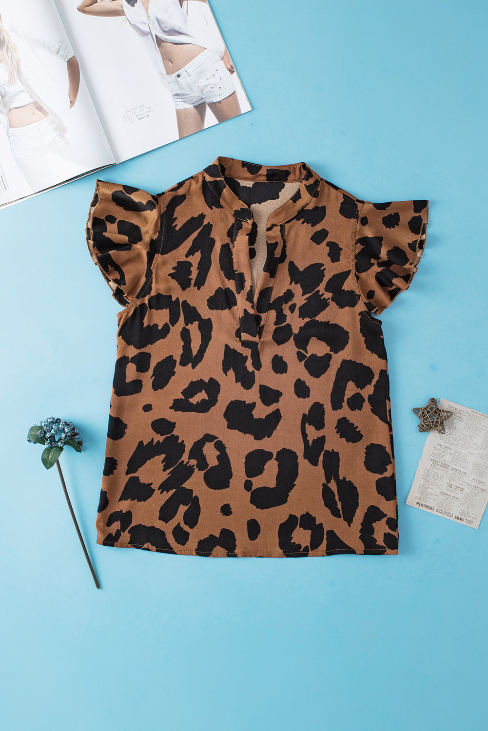 Brown Leopard Ruffled Flutter Sleeve Split Neck Blouse