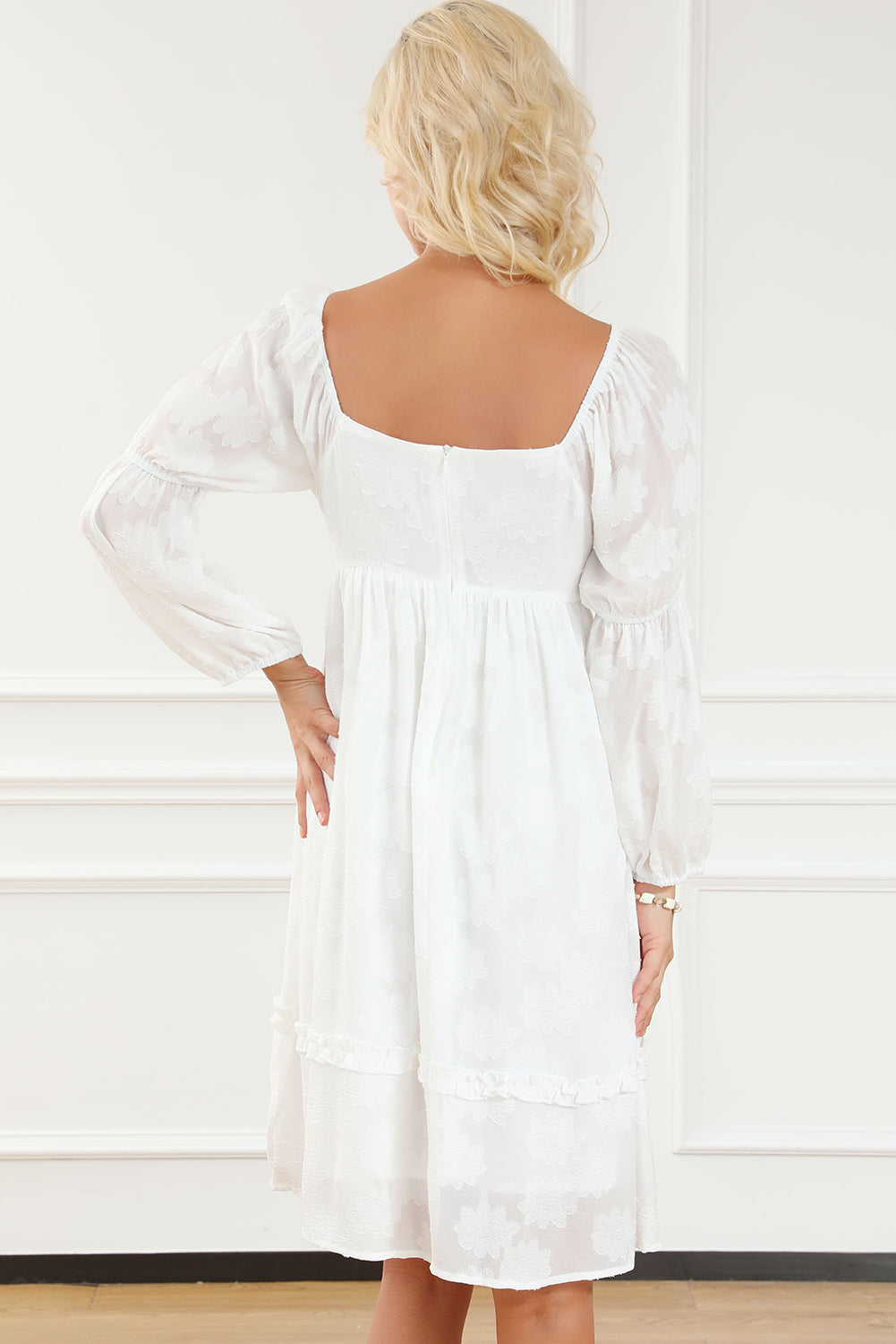 White Jacquard Square Neck Bubble Sleeve Dress