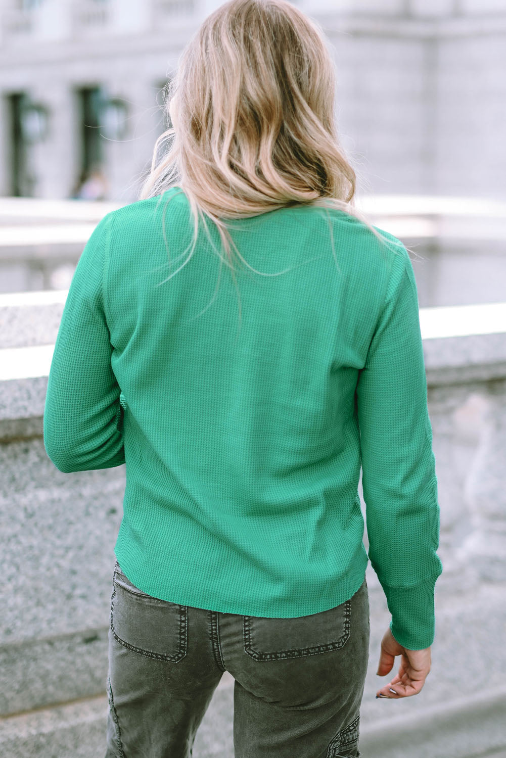 Green Trimmed Neckline Waffle Knit Henley Top