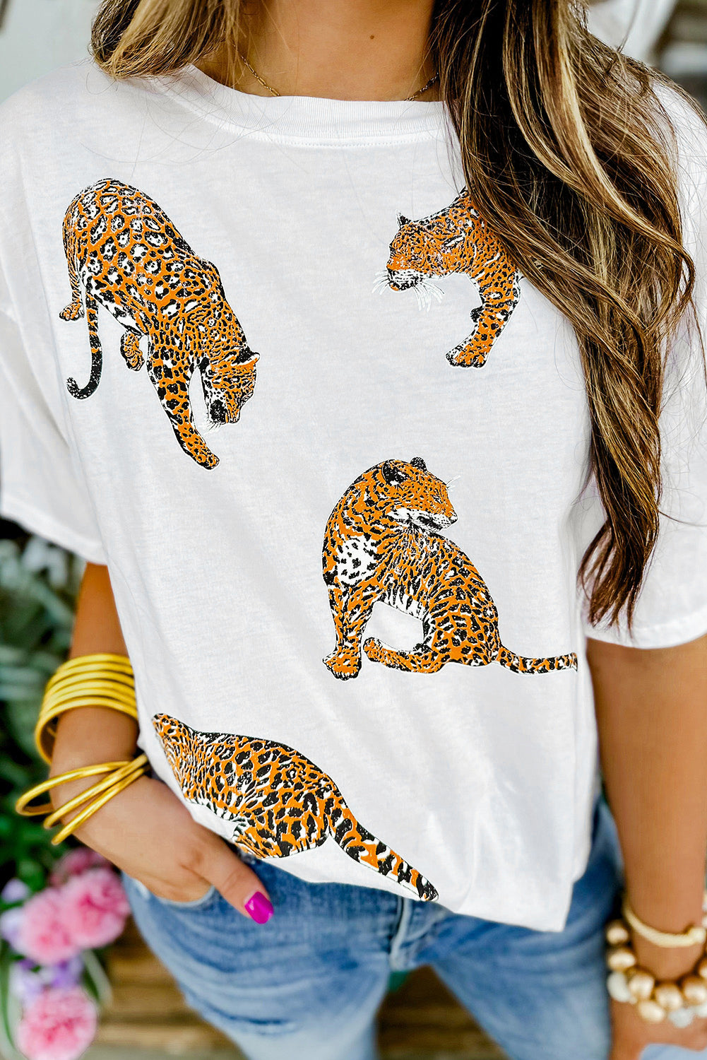 White Leopard Print Drop Shoulder Casual T Shirt