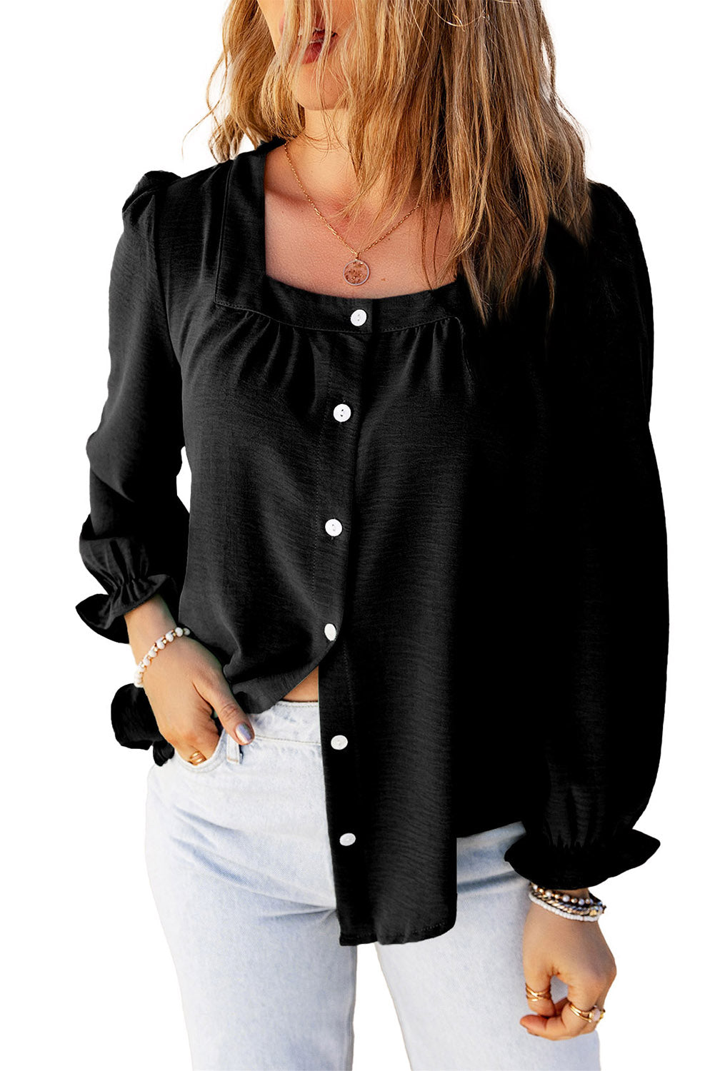 Black Flounce Sleeve Square Neck Button-Up Shirt