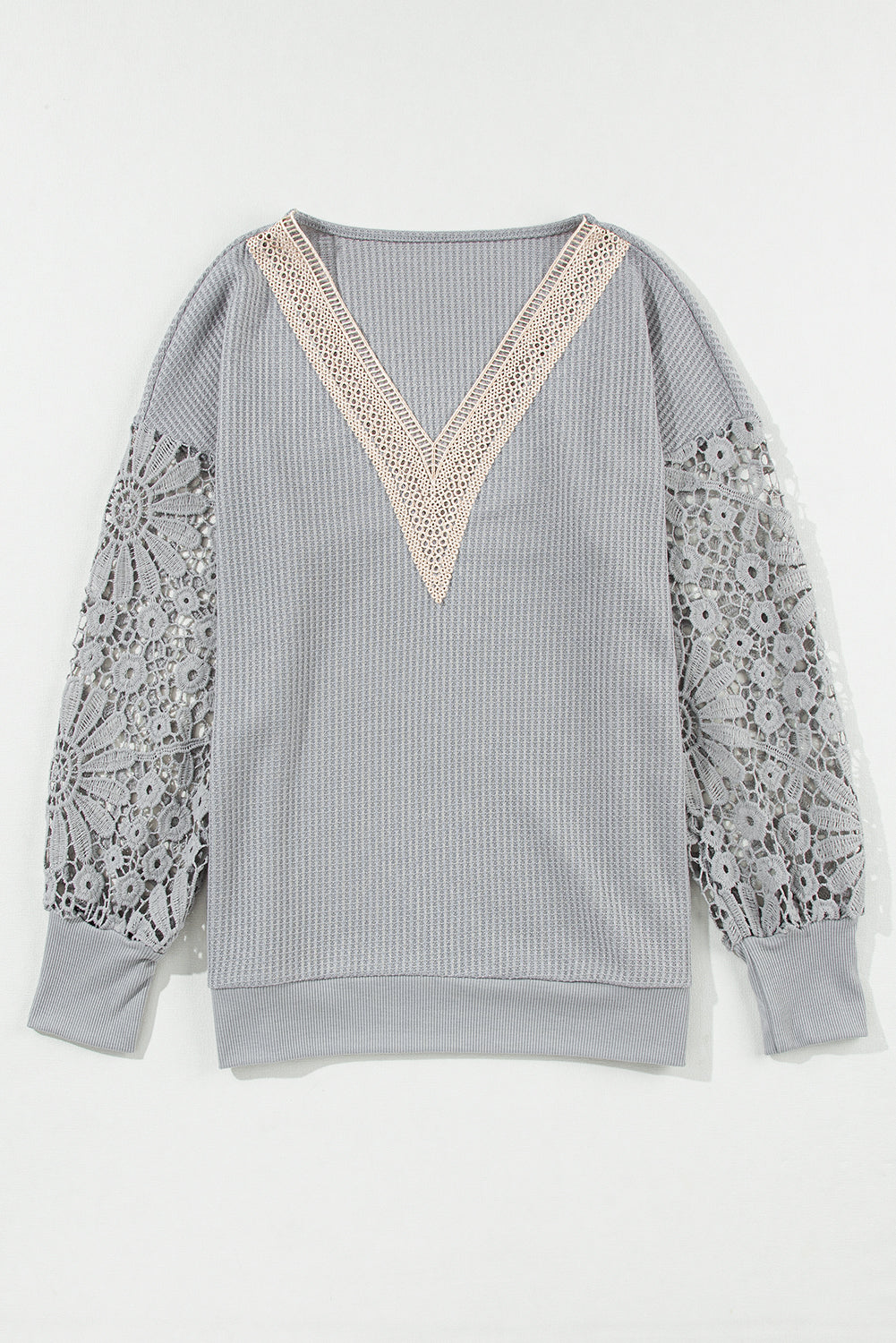 Gray Lace Splicing V Neck Puff Sleeve Top