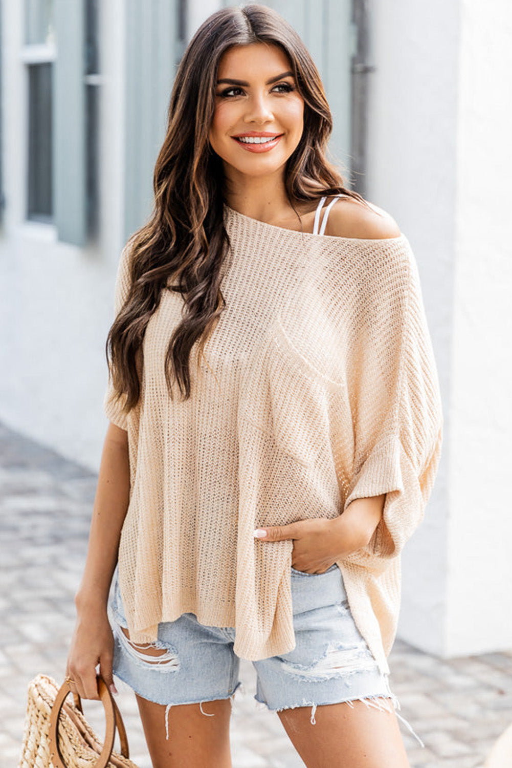 Apricot Loose Fit Split Pocket Half Sleeve Knitted Top