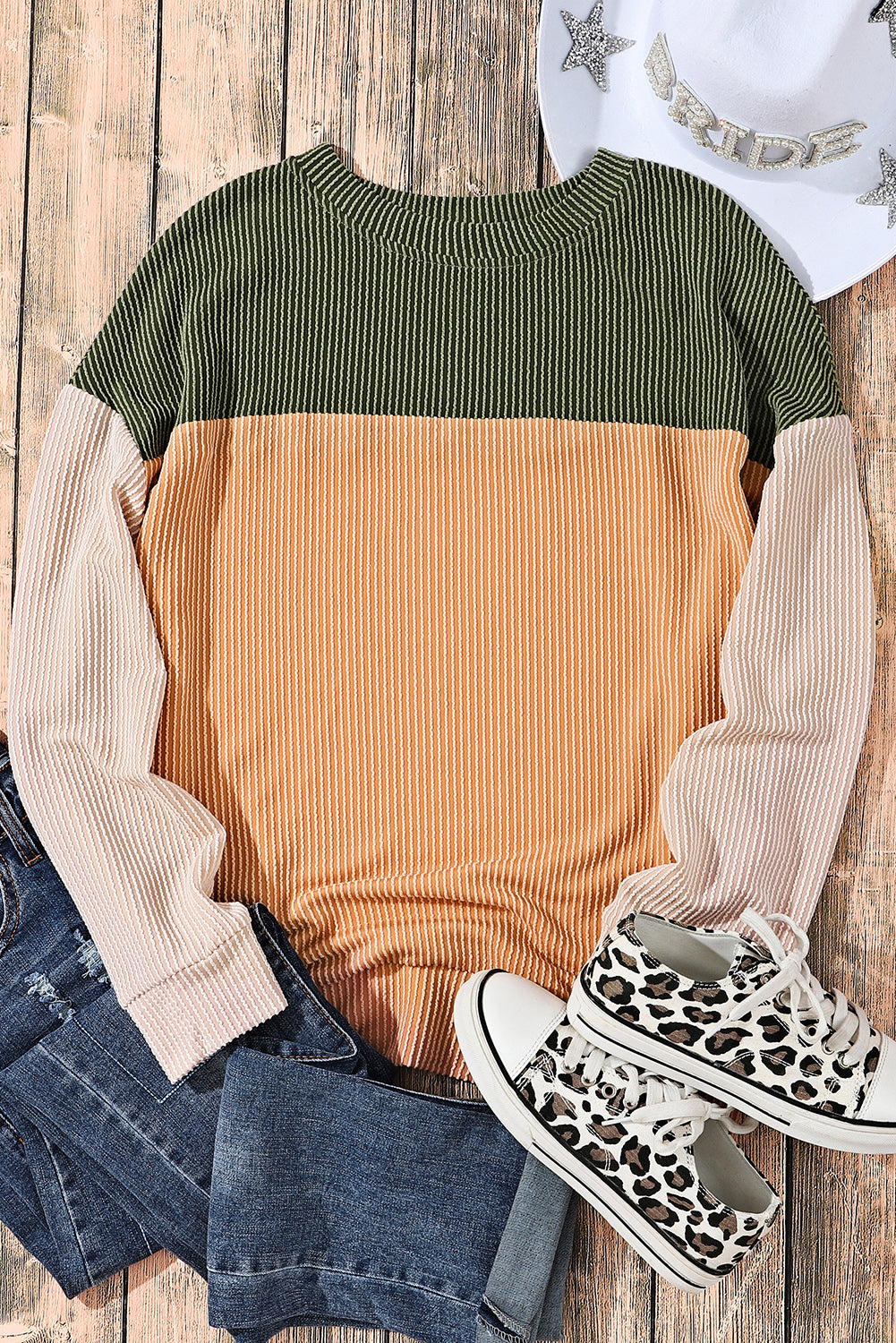 Green Color Block Long Sleeve Ribbed Loose Top