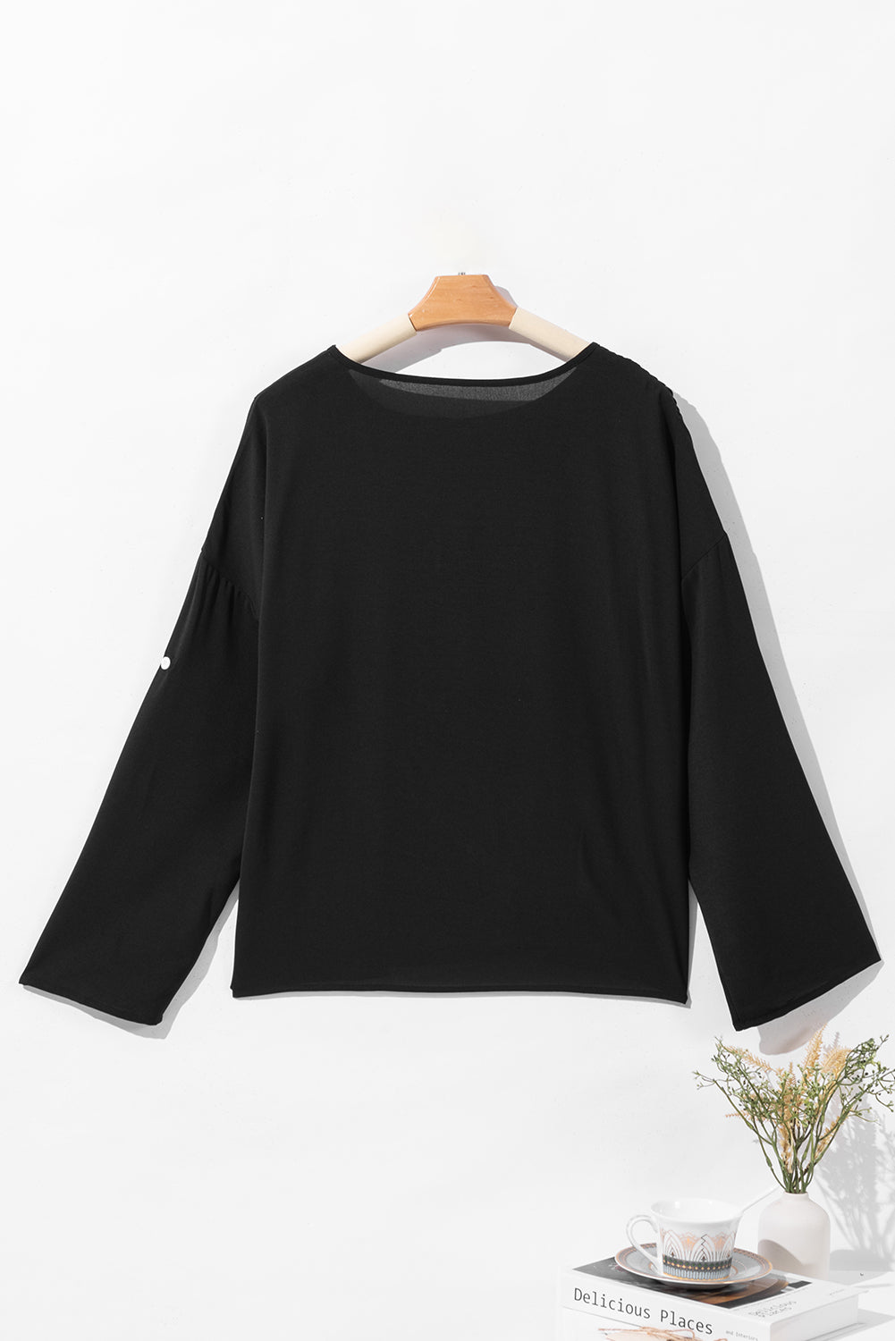 Black Roll Up Sleeve Stitching Detail Blouse