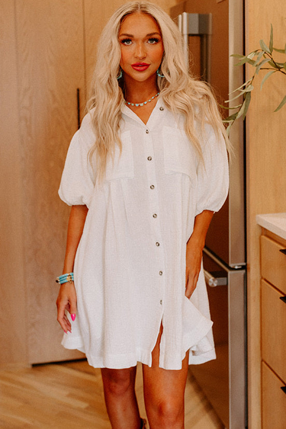 White Half Puff Sleeve Buttoned Shirt Mini Dress