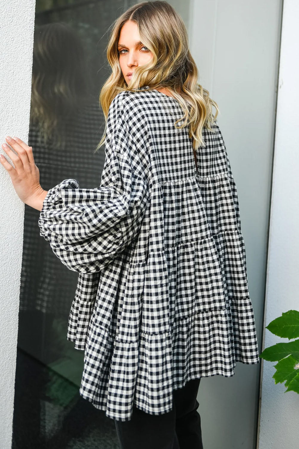 Black Checkered Puff Sleeve Tiered Loose Babydoll Blouse