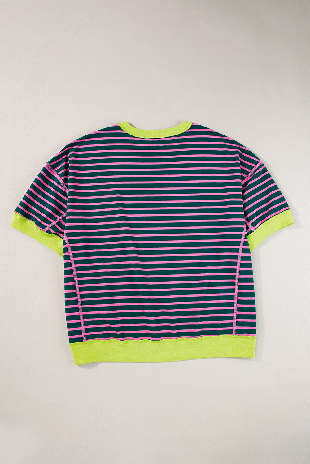 Green Stripe Oversized Contrast Trim Exposed Seam High Low T Shirt