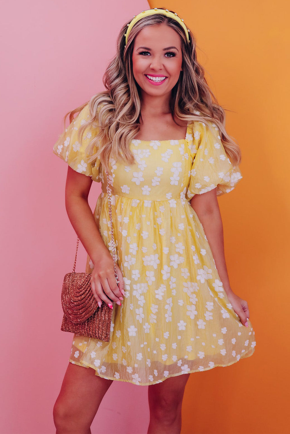 Yellow Boho Flower Jacquard Puff Sleeve Square Neck Mini Dress