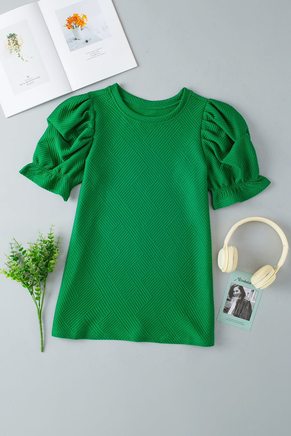 Dark Green Textured Ruffled Short Puff Sleeve Top