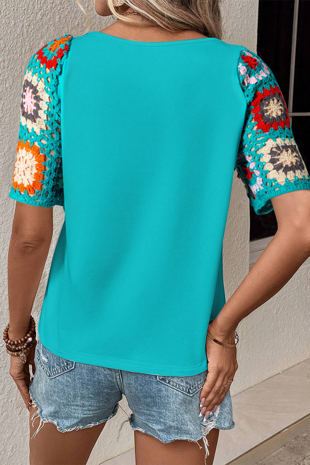 Turquoise Floral Crochet Short Sleeve Top