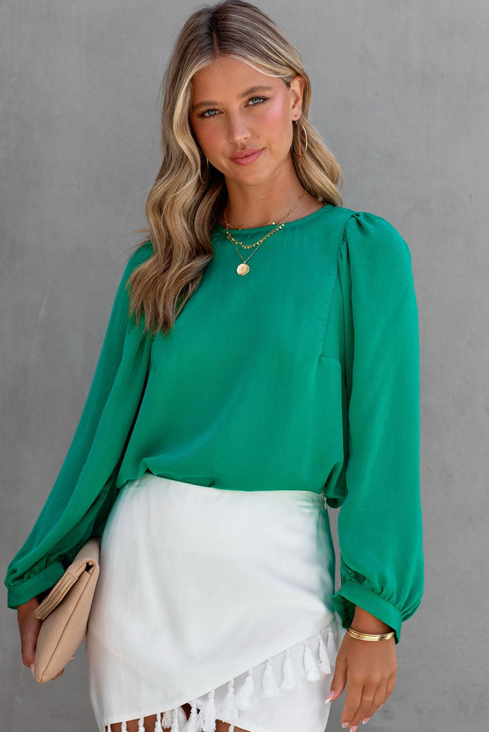 Green Satin Puff Long Sleeve Crewneck Blouse