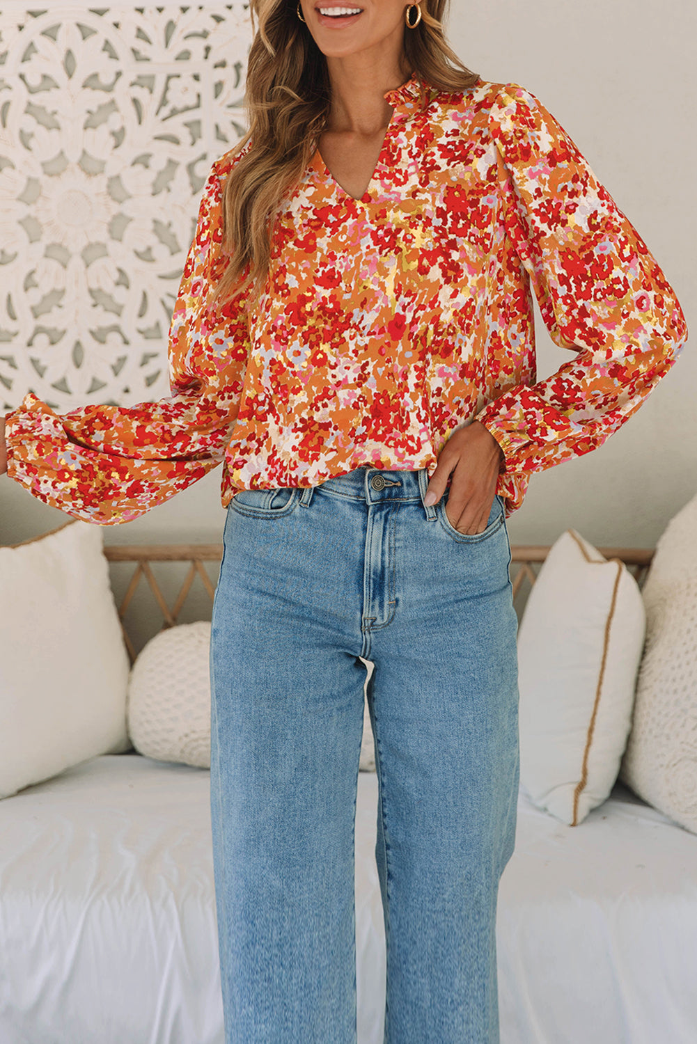 Grapefruit Orange Frilled Split Neck Bubble Sleeve Floral Blouse