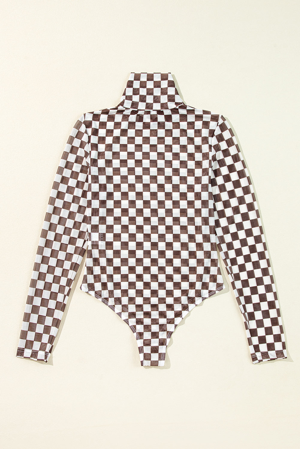 Brown Checkered Printed Long Sleeve High Neck Bodysuit