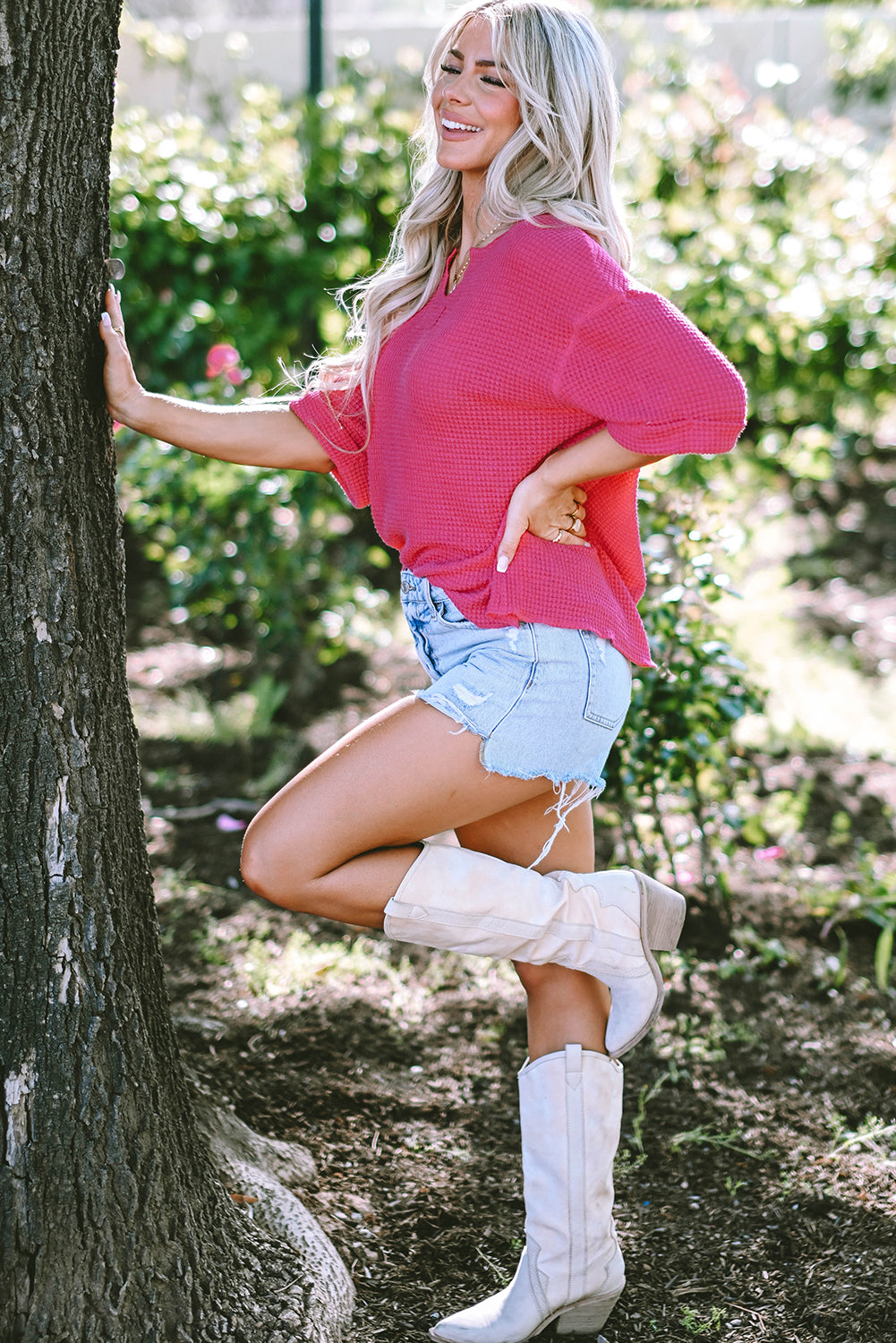 Strawberry Pink Textured Knit Split Neck Cuffed Short Sleeve Top