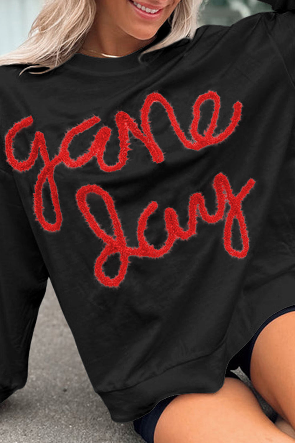 Black Tinsel Game Day Drop Shoulder Graphic Sweatshirt