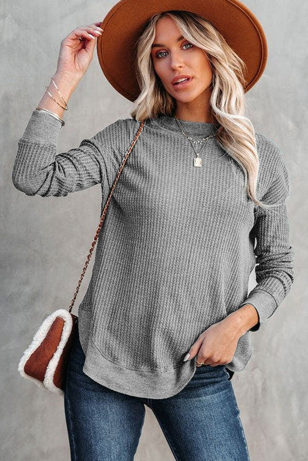 Gray Crew Neck Ribbed Trim Waffle Knit Top