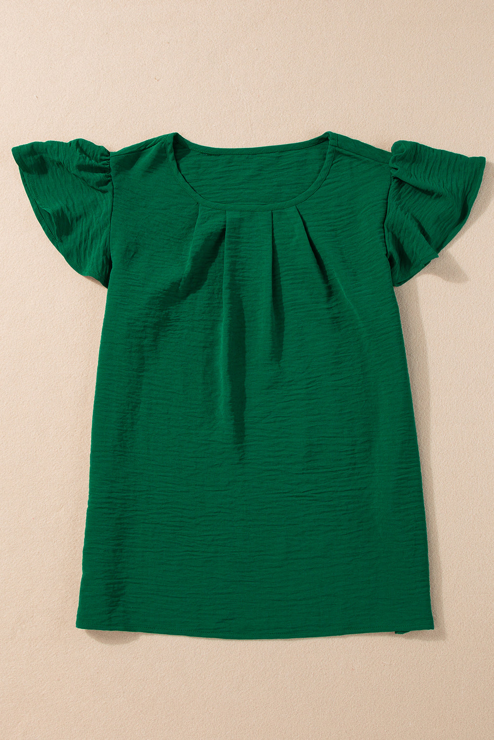 Dark Green Solid Color Textured Pleated Flutter Sleeve Blouse