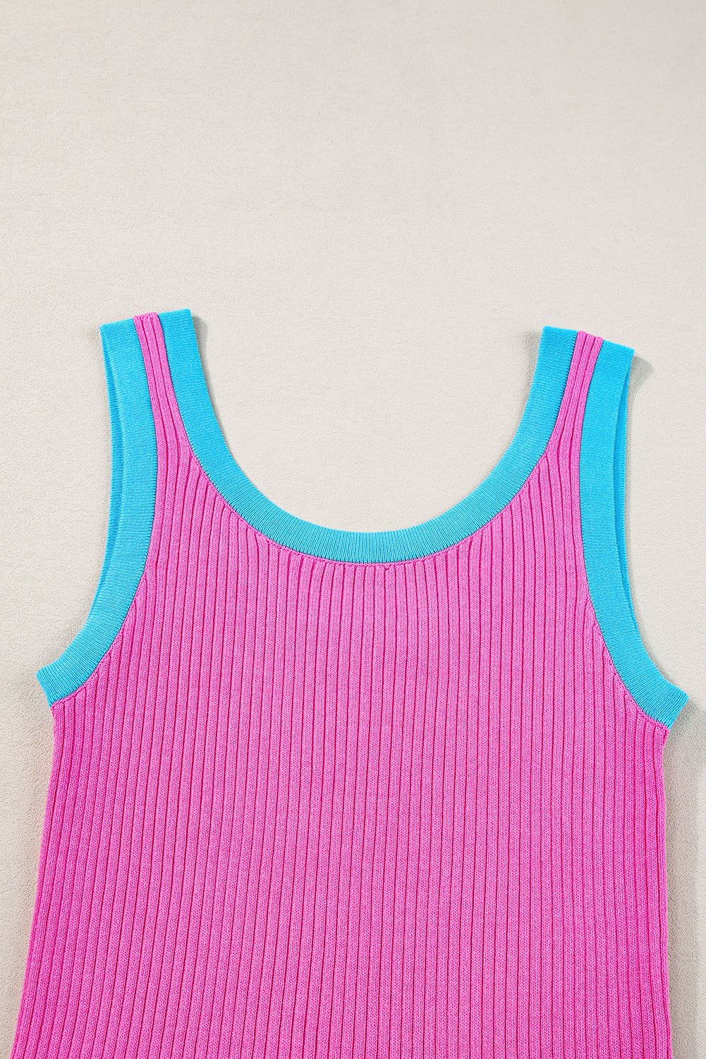 Bright Pink Colorblock Edge Ribbed Knit U Neck Tank Top