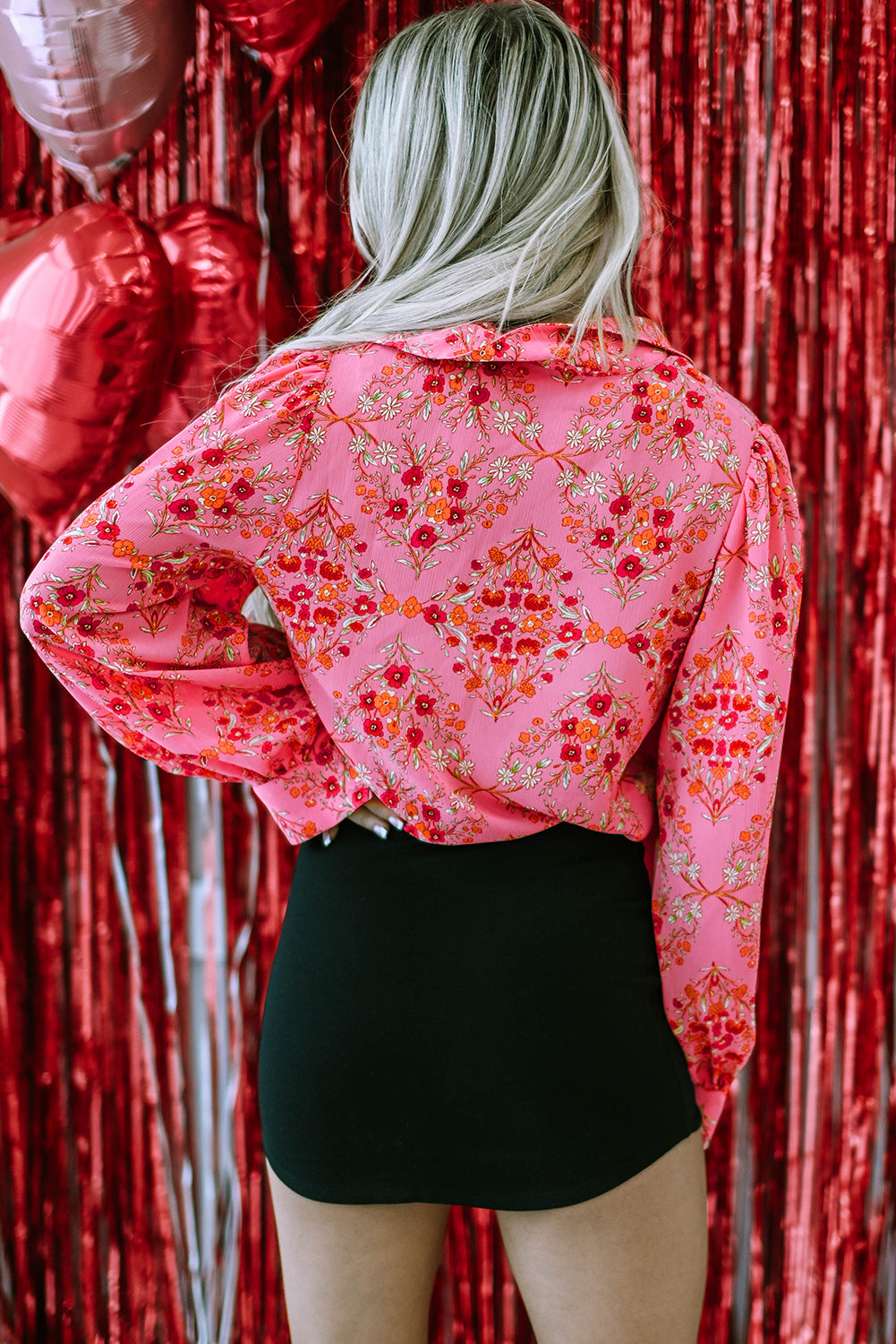 Strawberry Pink Aesthetic Floral Puff Sleeve Shirt