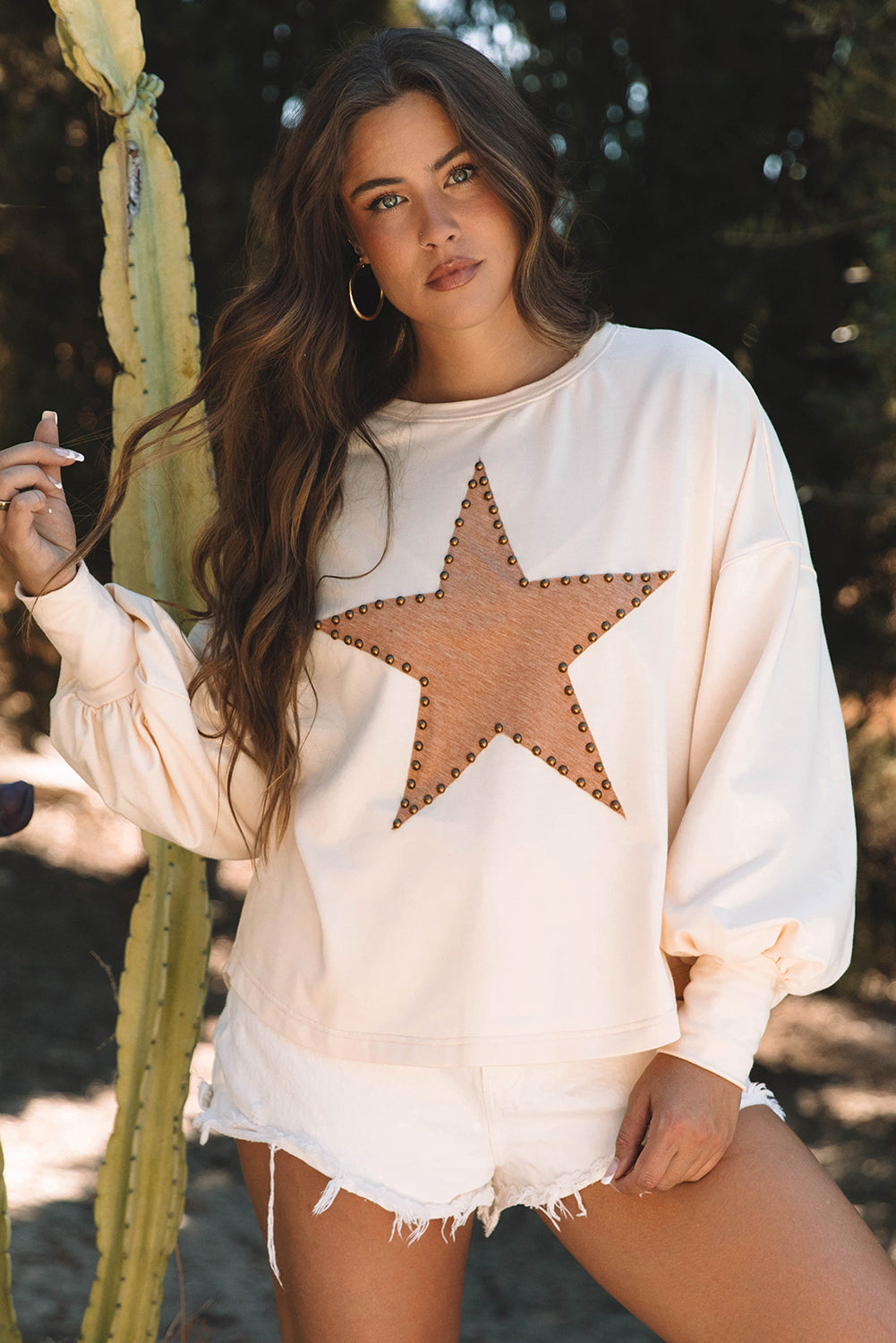 Apricot Studded Star Graphic Oversized Long Sleeve Top