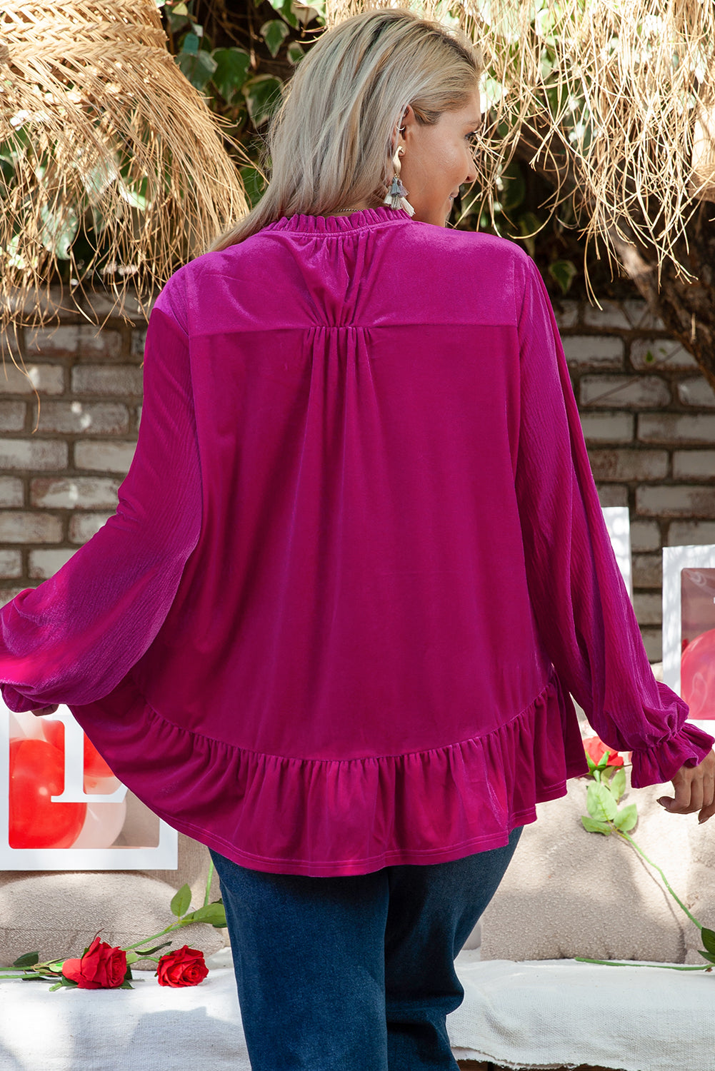 Bright Pink Plus Size Ruffled Sleeve V Neck Velvet Blouse