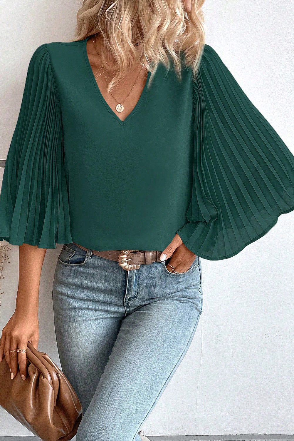 Blackish Green 3/4 Pleated Bell Sleeve V Neck Blouse