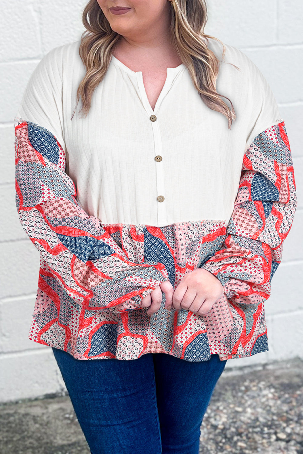 Apricot Plus Size Printed Patchwork Textured Buttoned Blouse