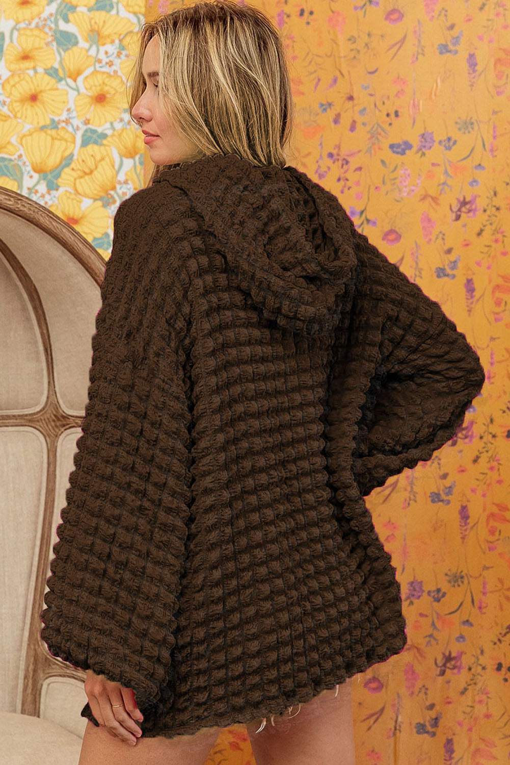 Dark Brown Bubble Textured Waffle Hoodie