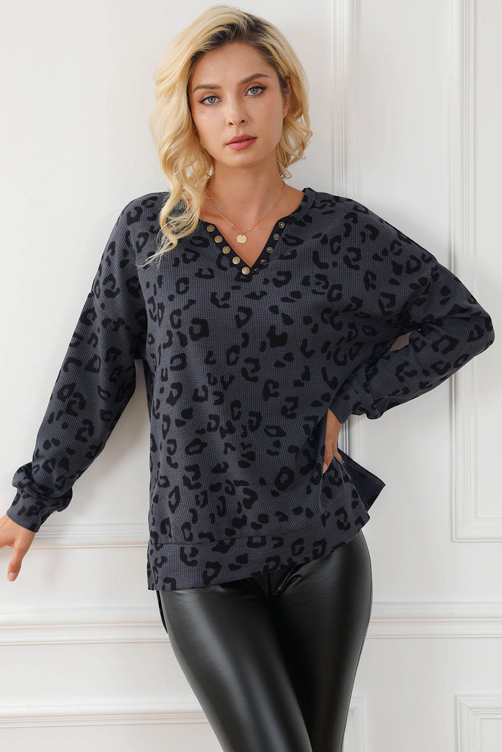 Gray Leopard Print Button Split Neck Waffle Sweatshirt