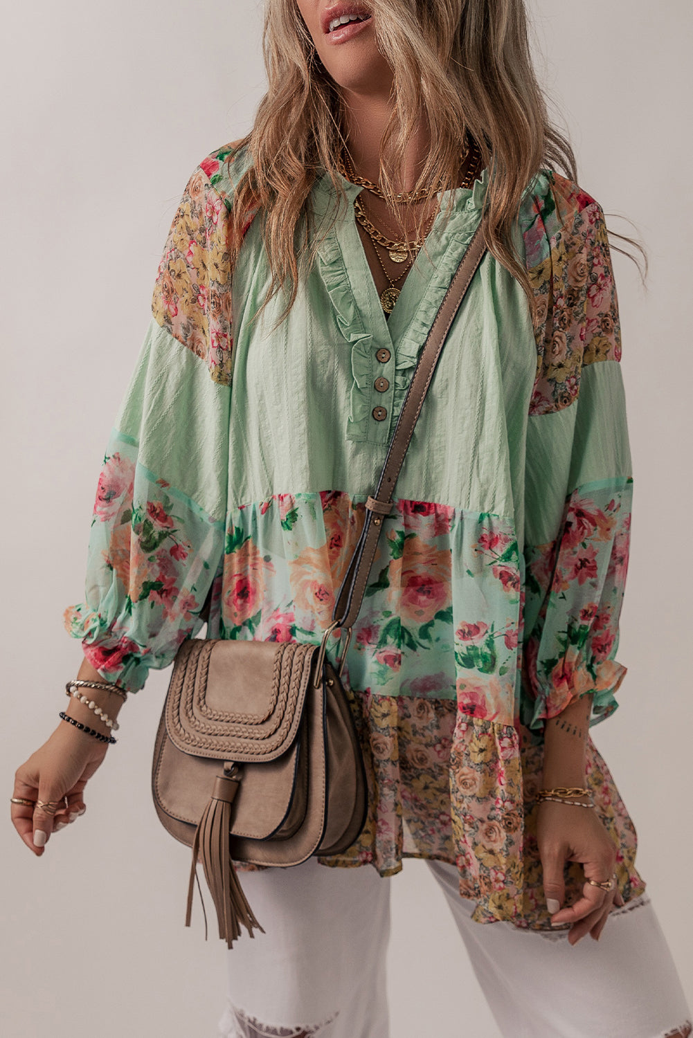 Green Printed Floral Patchwork Frilled Split Neck Blouse