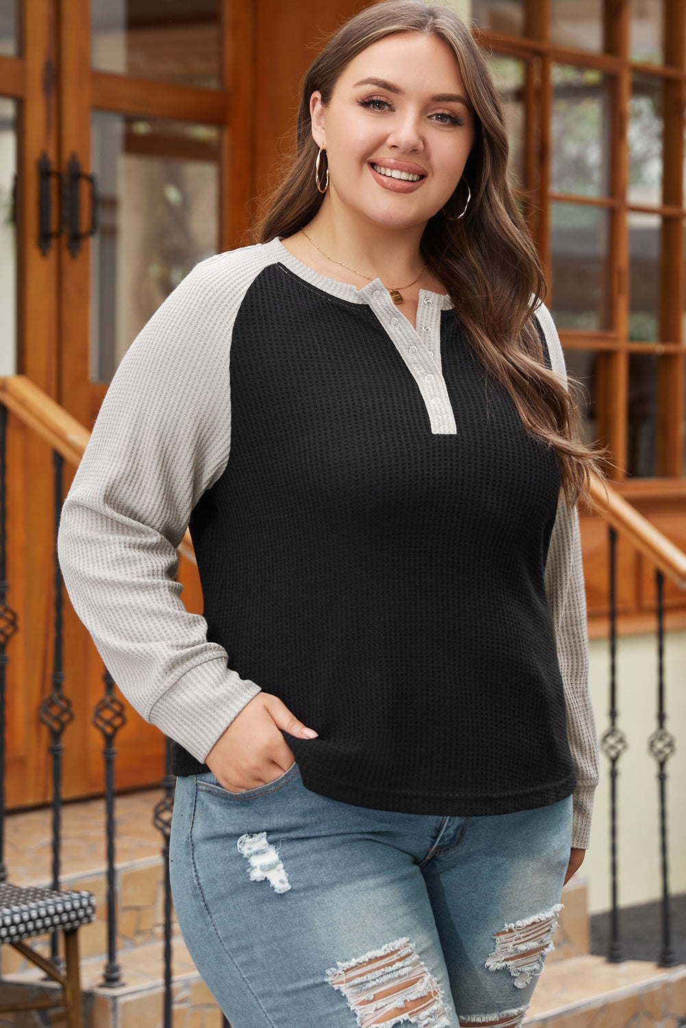 Black Color Contrast Waffle Knit Buttoned Plus Size Top