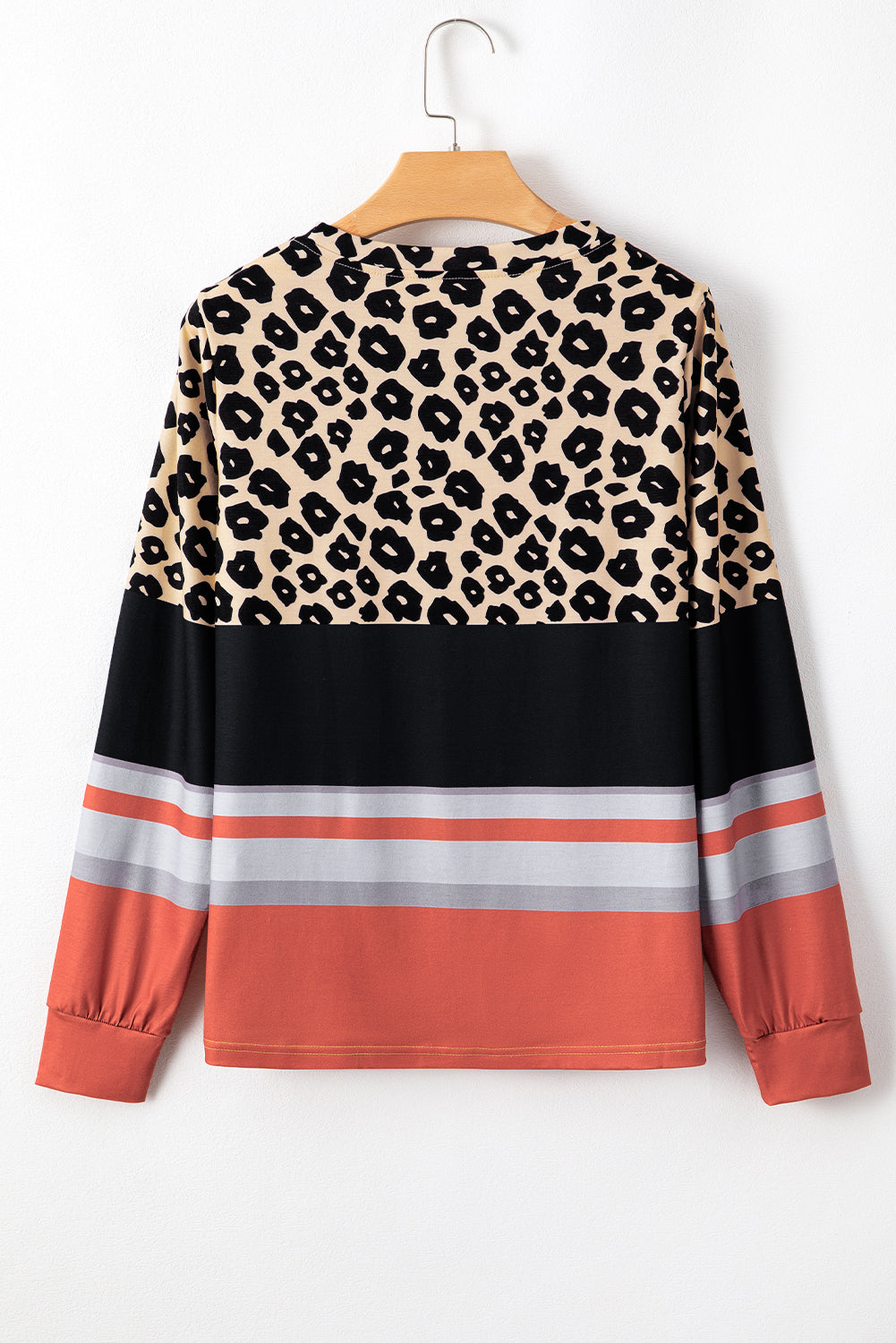 Khaki Leopard Color Block Crewneck Long Sleeve Top