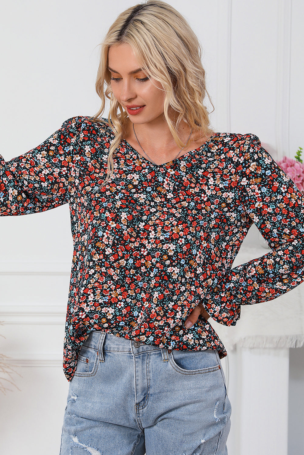 Fiery Red V Cut Lace Patch Tie-up Ruffled Puff Sleeve Floral Blouse