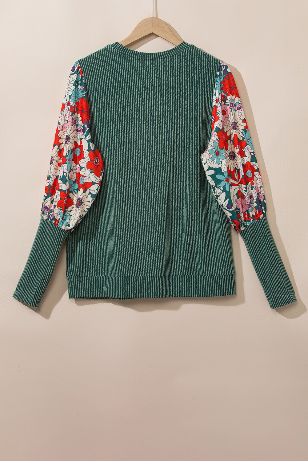 Blackish Green Contrast Floral Sleeve Striped Crew Neck Top