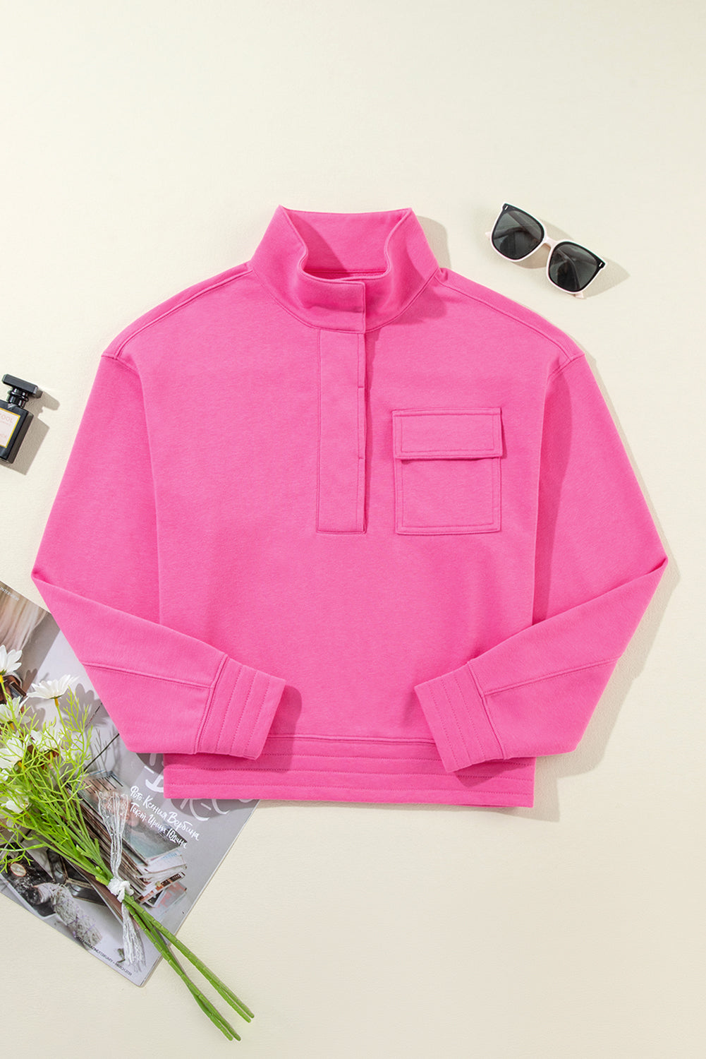 Bright Pink Vintage Mineral Wash Half Button Collared Sweatshirt