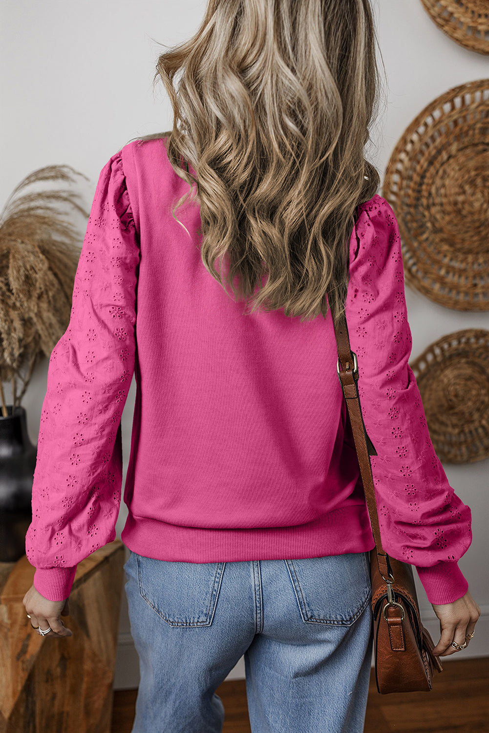 Bright Pink Textured Patchwork Round Neck Sweatshirt