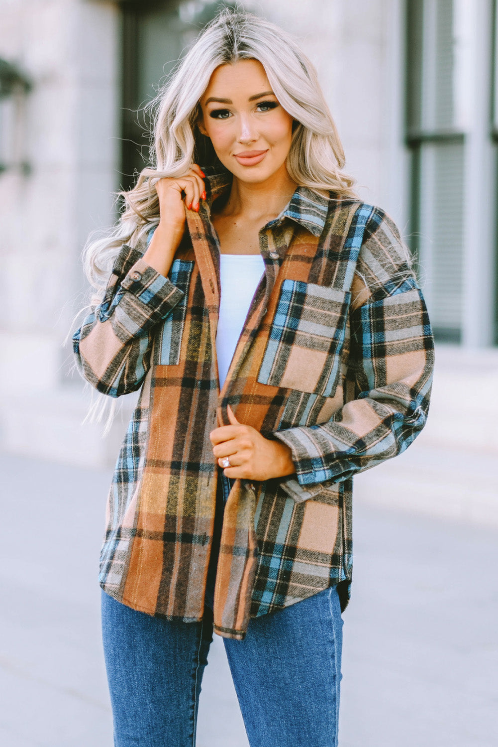 Brown Plaid Color Block Buttoned Shirt with Pockets