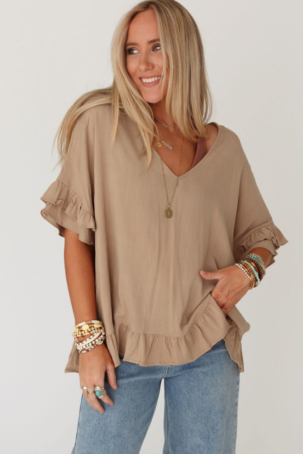 Light French Beige Loose Ruffled V Neck Blouse