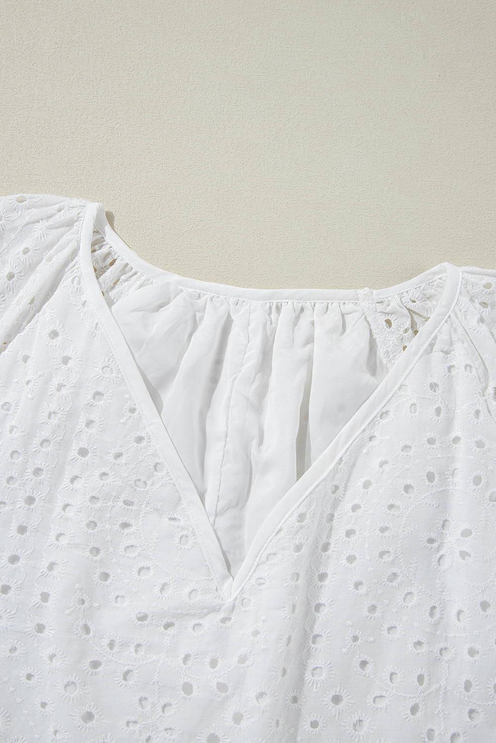 White Eyelet Embroidered V Neck Puff Sleeve Blouse