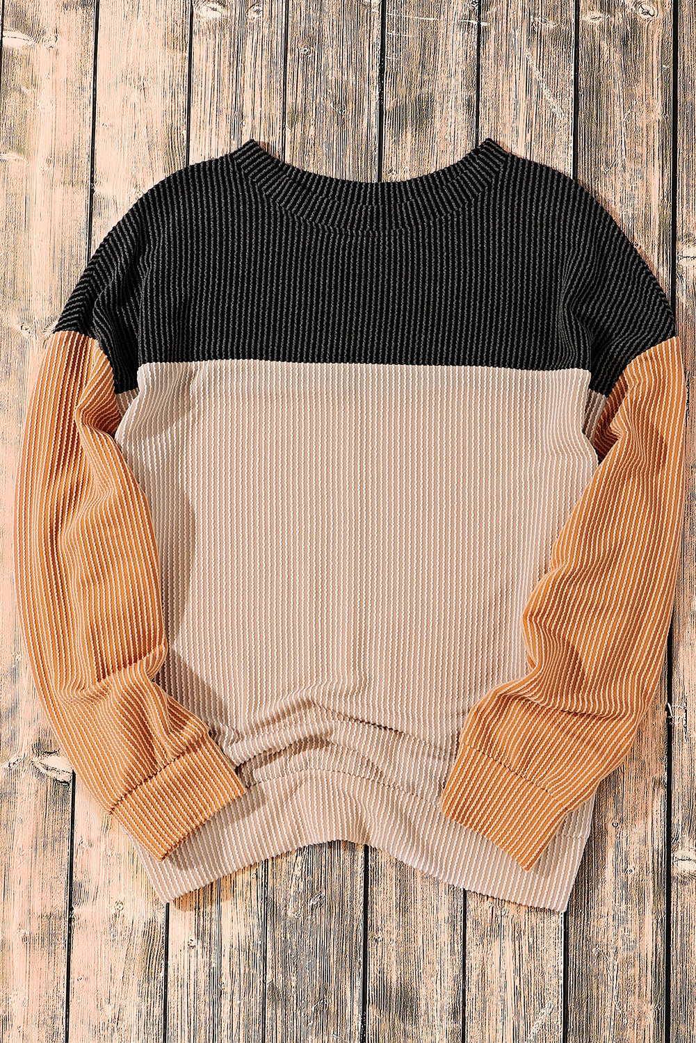 Black Color Block Long Sleeve Ribbed Loose Top