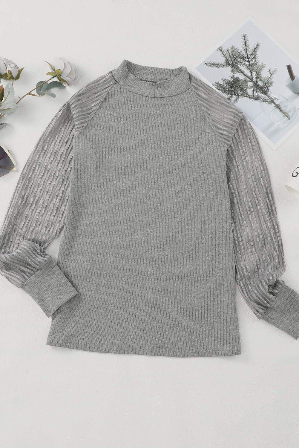 Gray Striped Mesh Long Sleeve Crewneck Ribbed Top