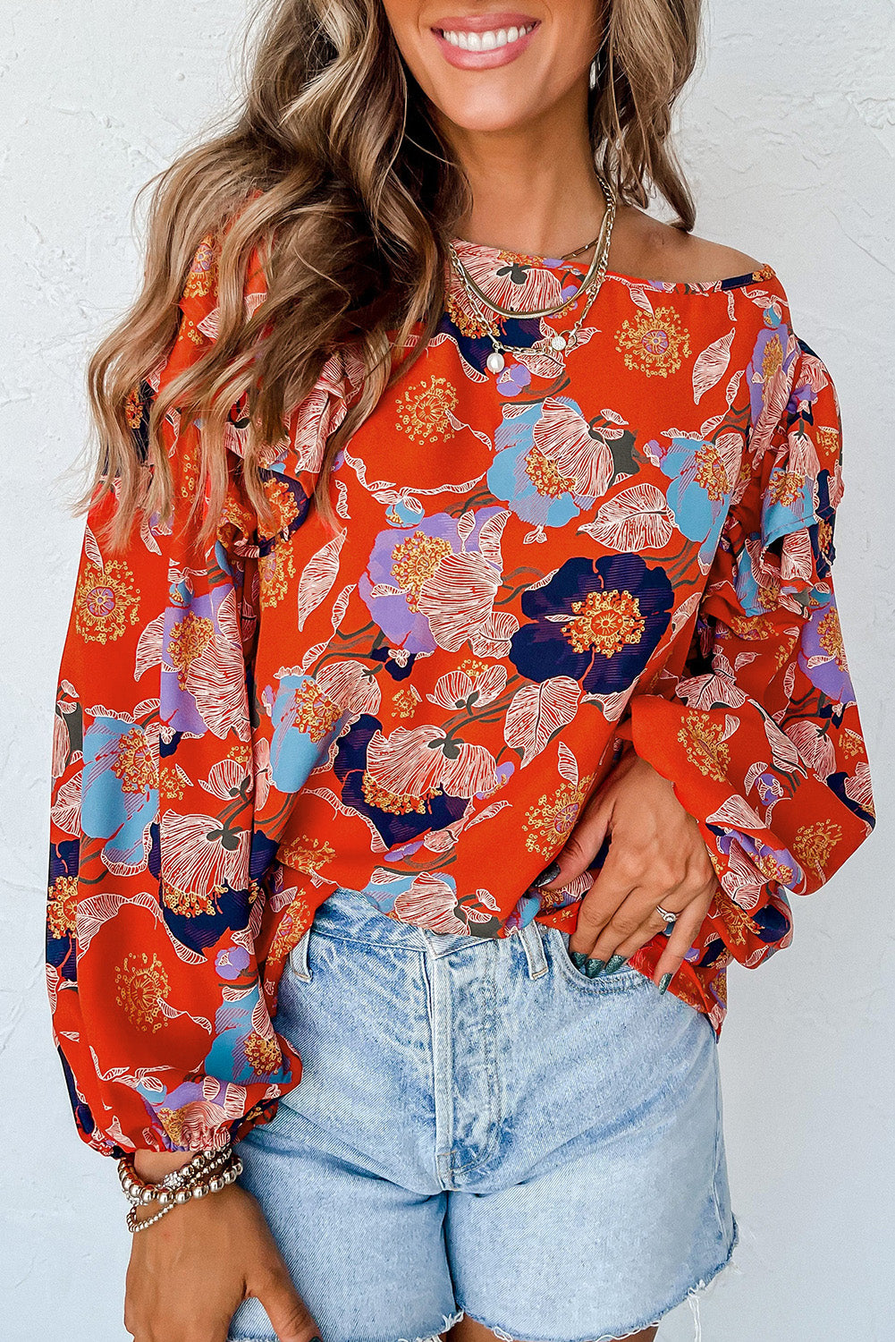 Fiery Red Floral Print Ruffle Puff Sleeve Blouse