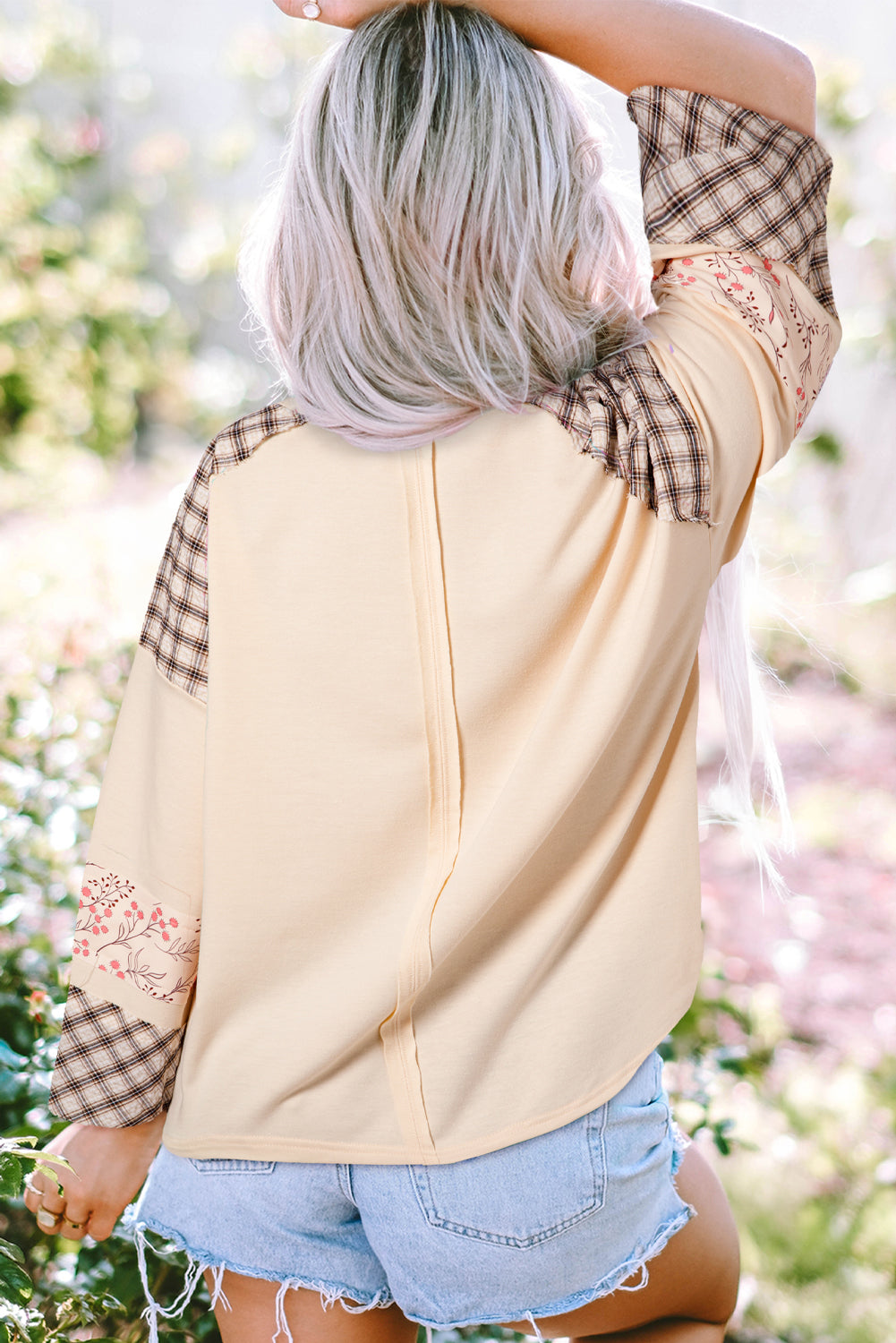 Beige Plaid Floral Peace Heart Graphic Wide Long Sleeve Top