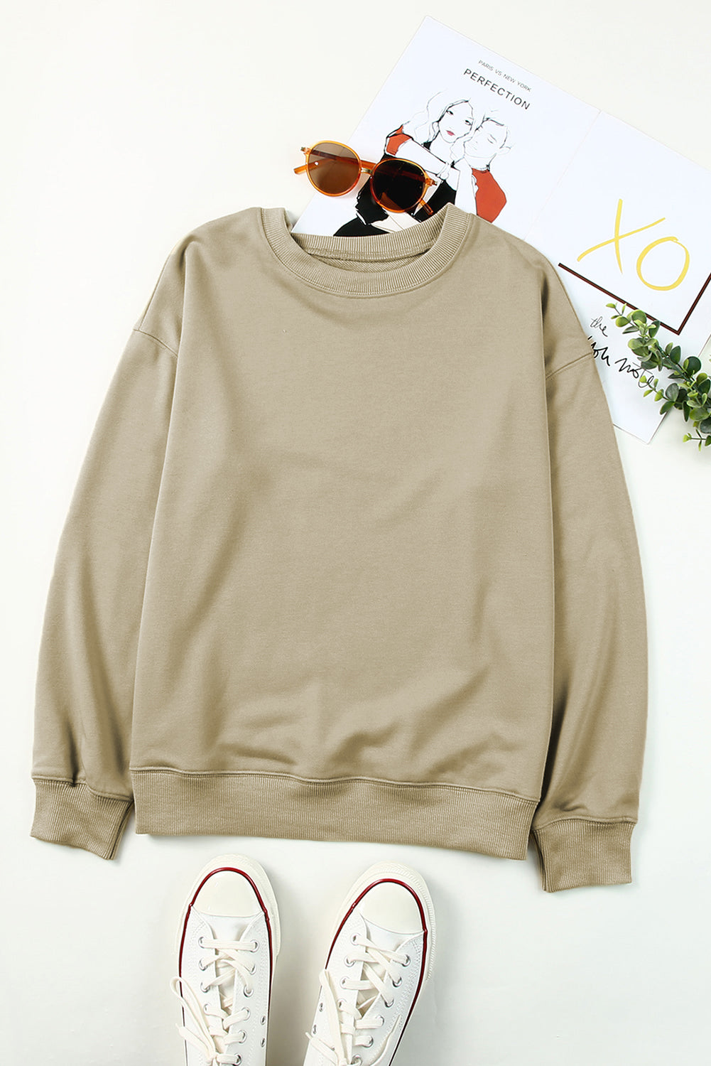 Khaki Plain Crew Neck Pullover Sweatshirt